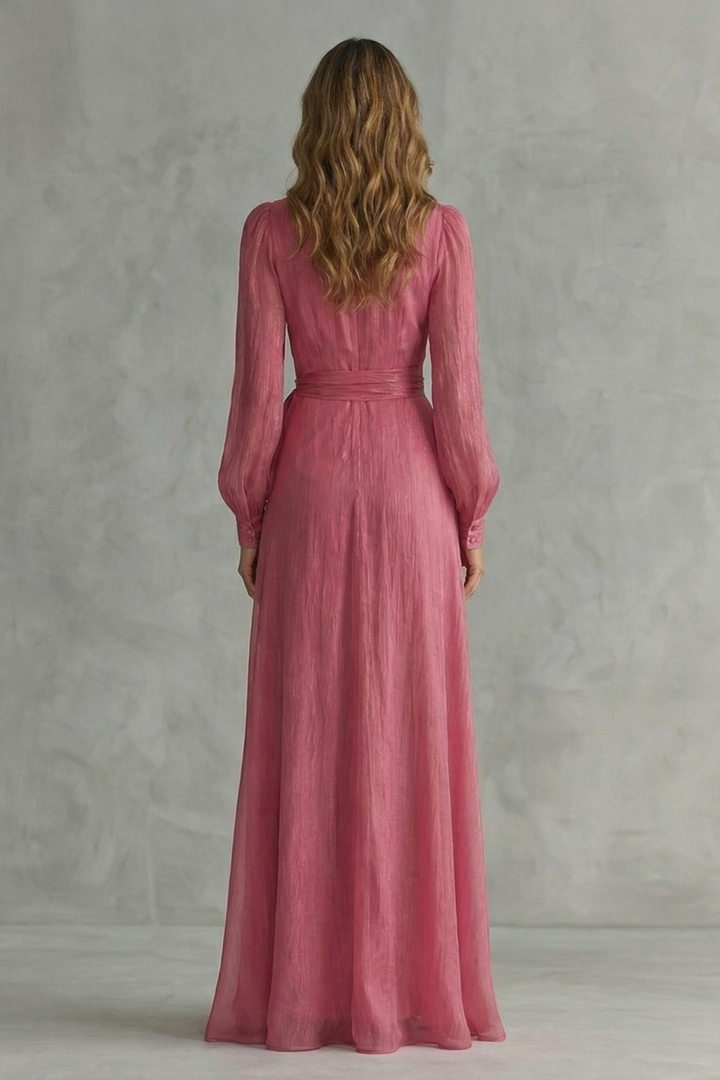 Pink chiffon maxi dress with gathered waist seam and full-length long sleeves