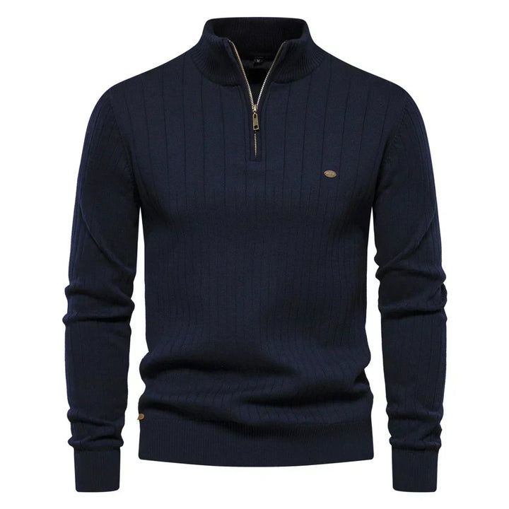 Navy ribbed knit quarter-zip sweater with mock neck and long sleeves