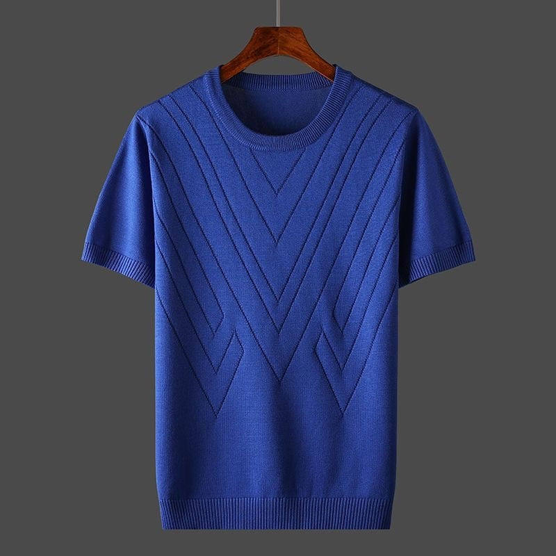 Blue cashmere crew-neck knit shirt with chevron V-stitch pattern, ribbed hem and cuffs