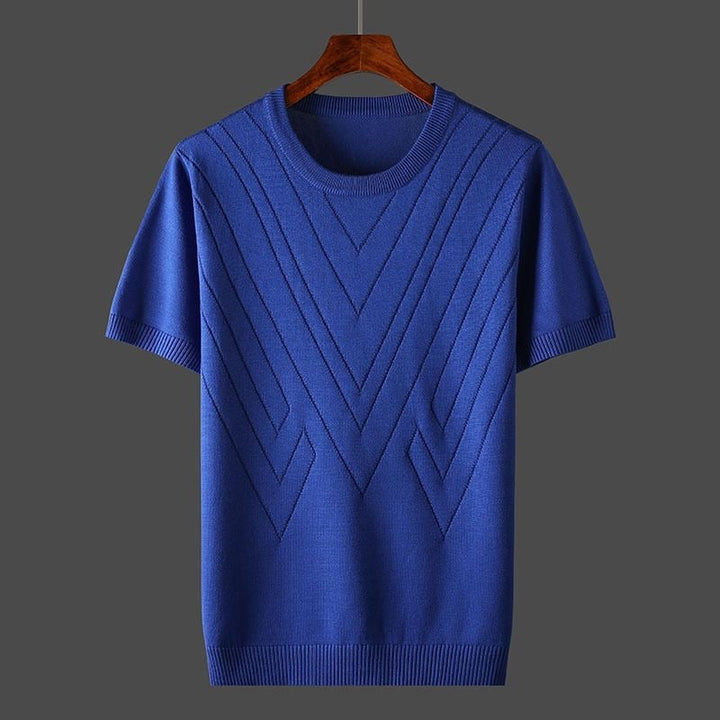 Blue cashmere crew-neck knit shirt with chevron V-stitch pattern, ribbed hem and cuffs