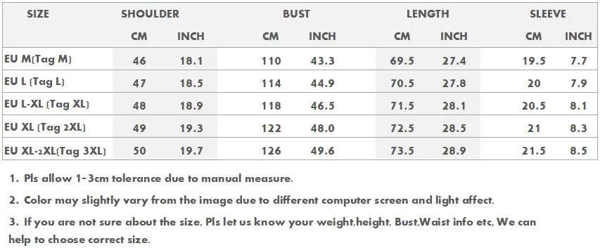 Size chart table with measurements for EU sizes, bust, length, and sleeve