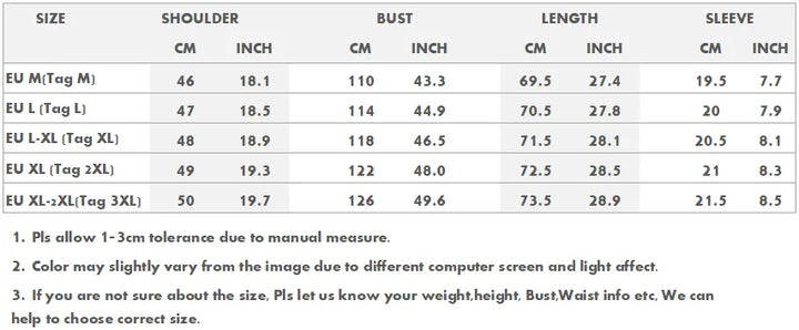 Size chart table with measurements for EU sizes, bust, length, and sleeve