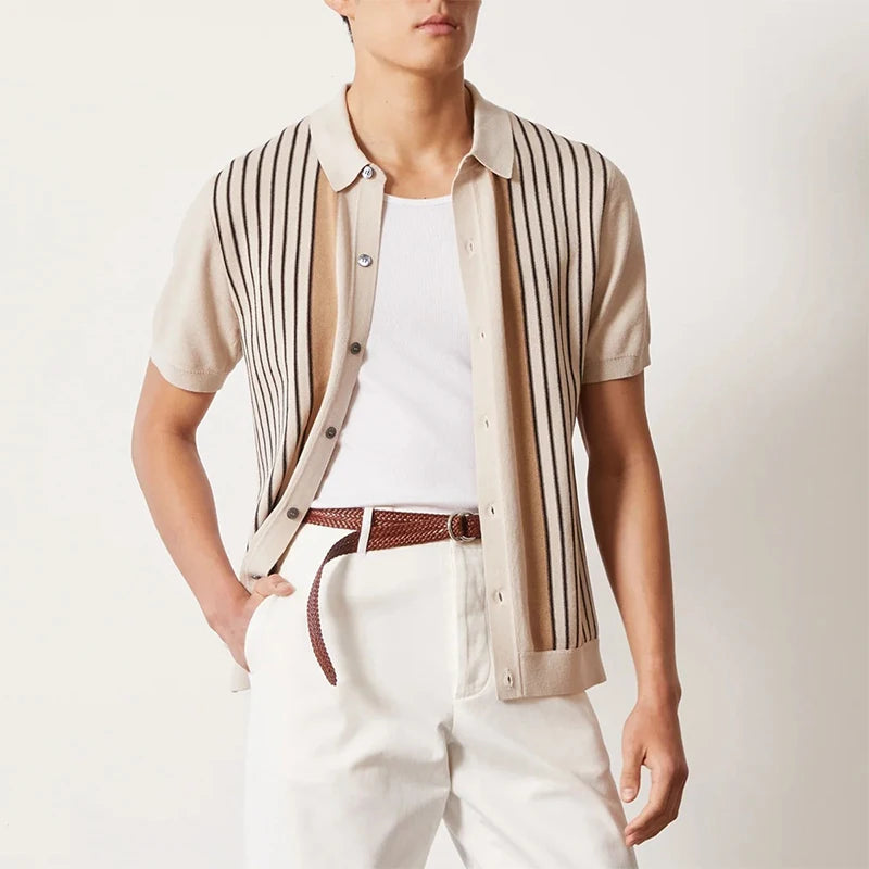 Button-up polo shirt with beige body, vertical black stripes, and tan button-front panel