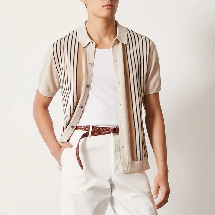 Button-up polo shirt with beige body, vertical black stripes, and tan button-front panel
