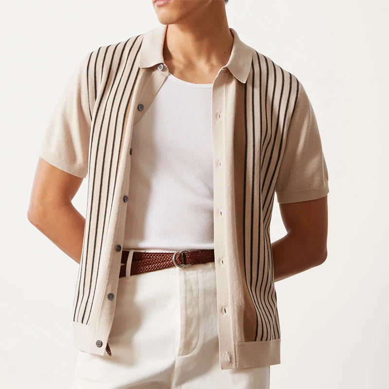 Button-up polo shirt, beige knit with vertical black stripes and tan button placket