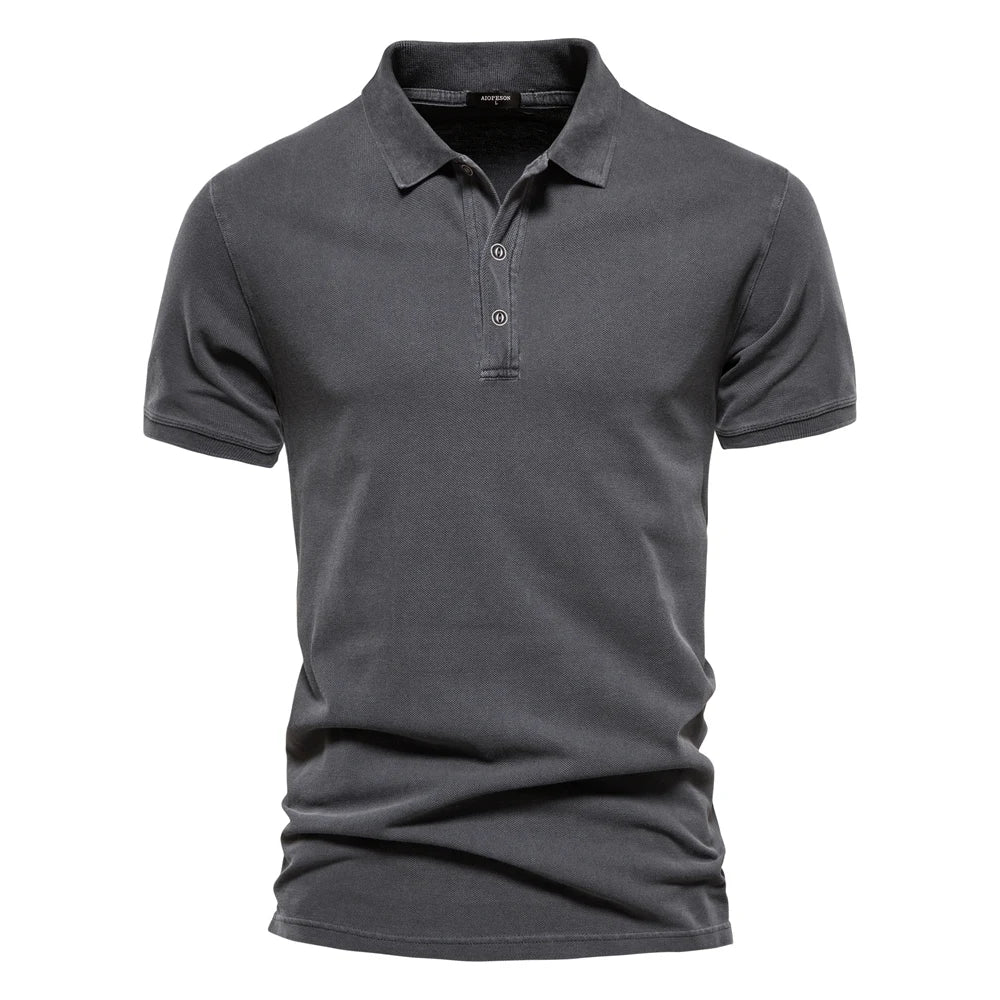 Men's dark gray polo shirt with collar, button placket, and short sleeves