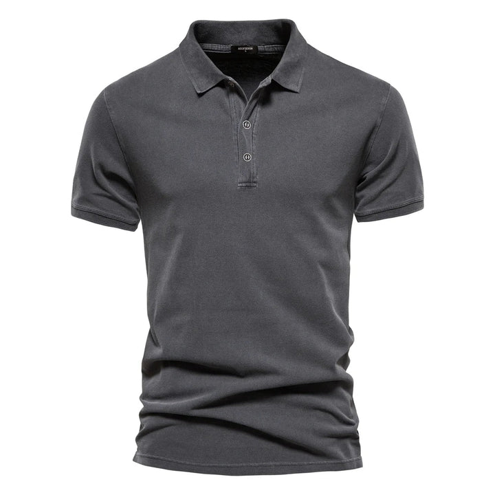 Men's dark gray polo shirt with collar, button placket, and short sleeves