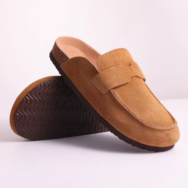Tan suede penny mule with strap, moccasin toe, rubber sole