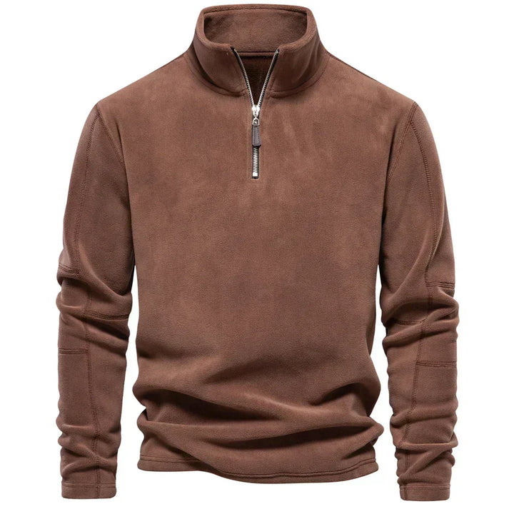 Men's quarter-zip windbreaker jacket, brown fleece with stand collar and front zipper