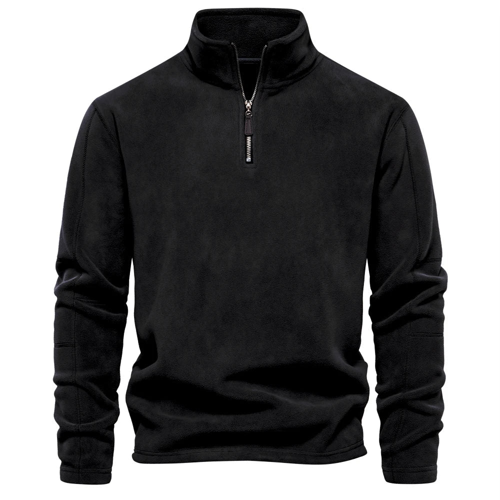 Men's quarter-zip windbreaker jacket, black fleece with stand collar and front zipper