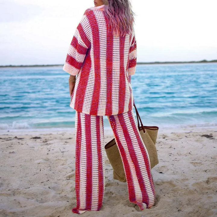 Textured stripe two-piece set in red and white with open V-neck top and wide-leg pants