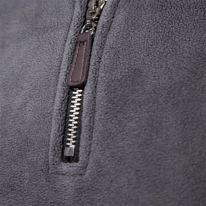 Dark gray fleece windbreaker jacket, close-up of front zipper pull and stitching