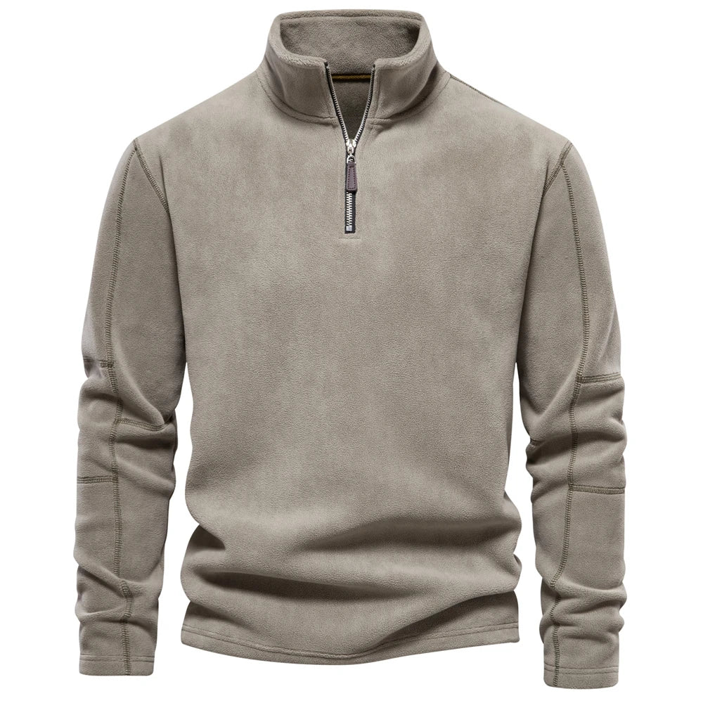 Men's quarter-zip windbreaker jacket, light gray fleece with stand collar and front zipper