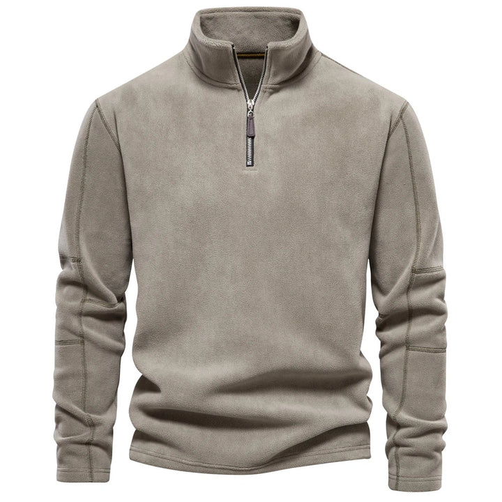 Men's quarter-zip windbreaker jacket, light gray fleece with stand collar and front zipper
