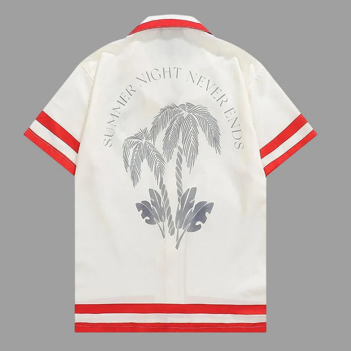 White polo shirt back with palm graphic and curved text, red-and-green striped hem