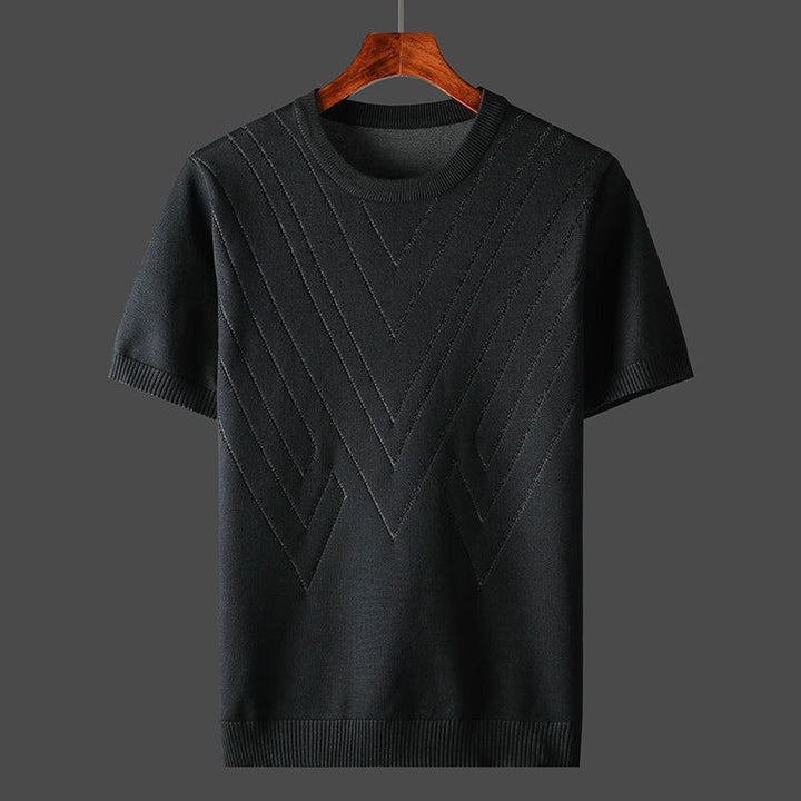 Black cashmere crew-neck knit shirt with chevron V-stitch pattern, ribbed hem and cuffs