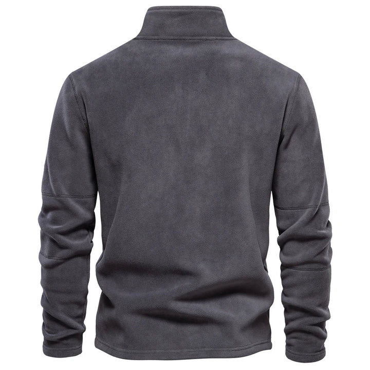 Men's quarter-zip windbreaker jacket, dark gray fleece, back view with stand collar