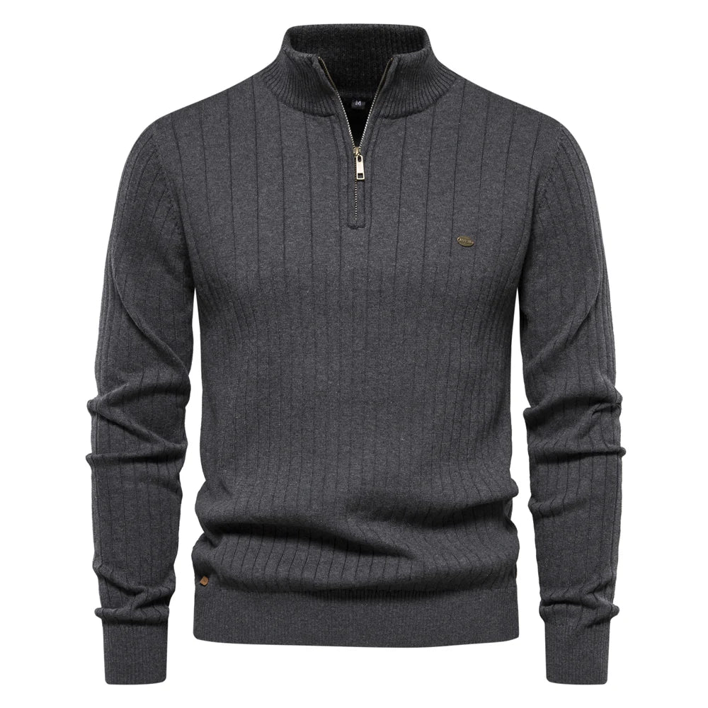 Dark gray ribbed knit quarter-zip sweater with mock neck and long sleeves