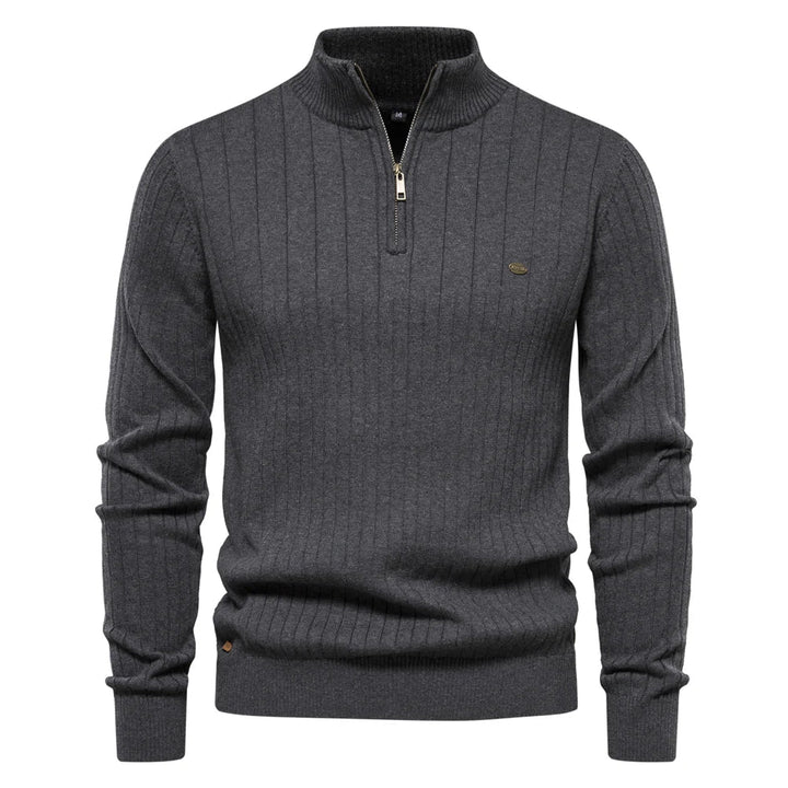 Dark gray ribbed knit quarter-zip sweater with mock neck and long sleeves