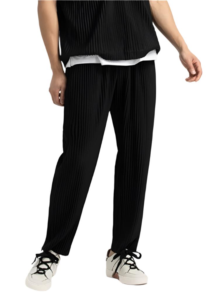 Black corduroy cotton pants with vertical ribbed texture, straight leg, ankle length