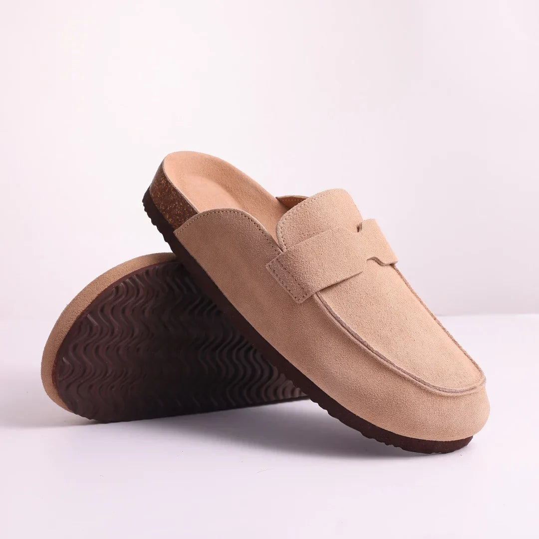 Sand suede penny mule with strap, moccasin toe, rubber sole