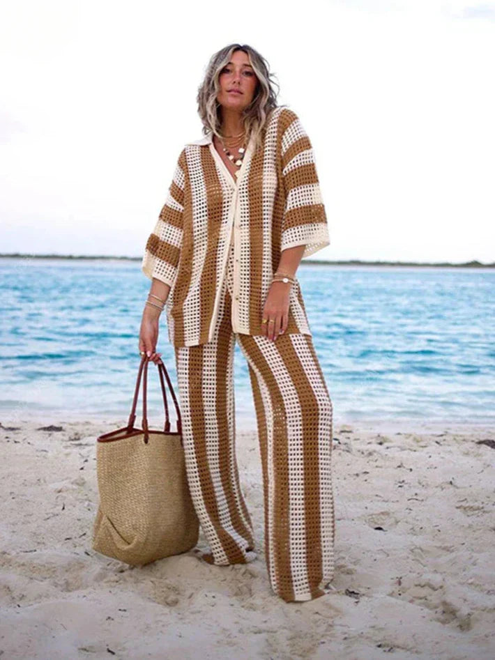 Textured stripe two-piece set in white and tan with open V-neck top and wide-leg pants
