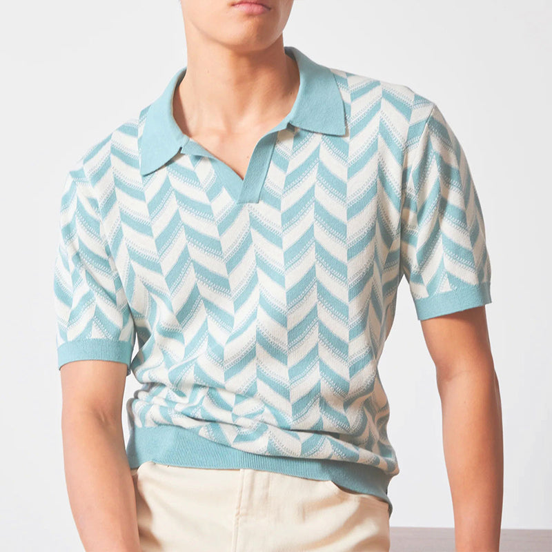 Men's light blue chevron polo shirt, short sleeves and V-neck collar