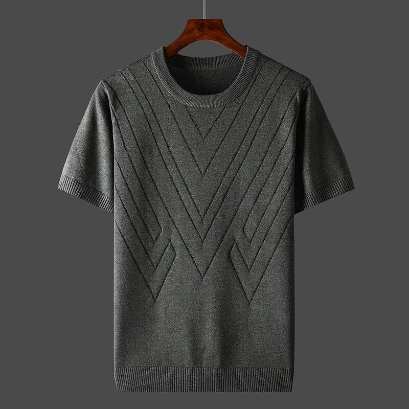 Gray cashmere crew-neck knit shirt with chevron V-stitch pattern, ribbed hem and cuffs
