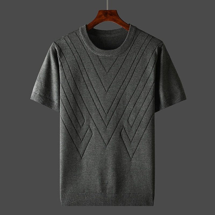 Gray cashmere crew-neck knit shirt with chevron V-stitch pattern, ribbed hem and cuffs
