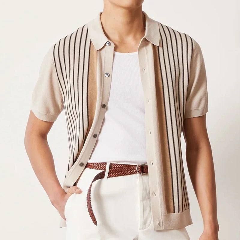 Button-up polo shirt worn open, beige knit with black vertical stripes and button-front