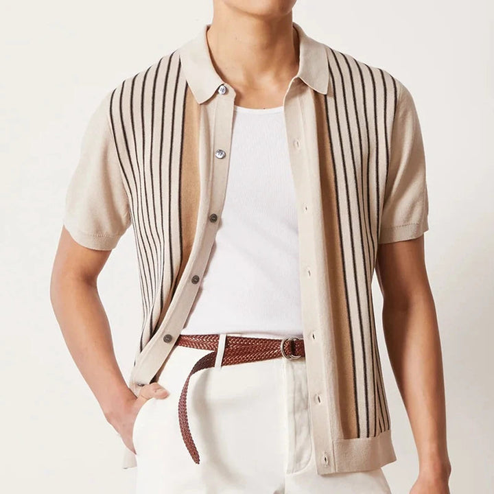 Button-up polo shirt worn open, beige knit with black vertical stripes and button-front