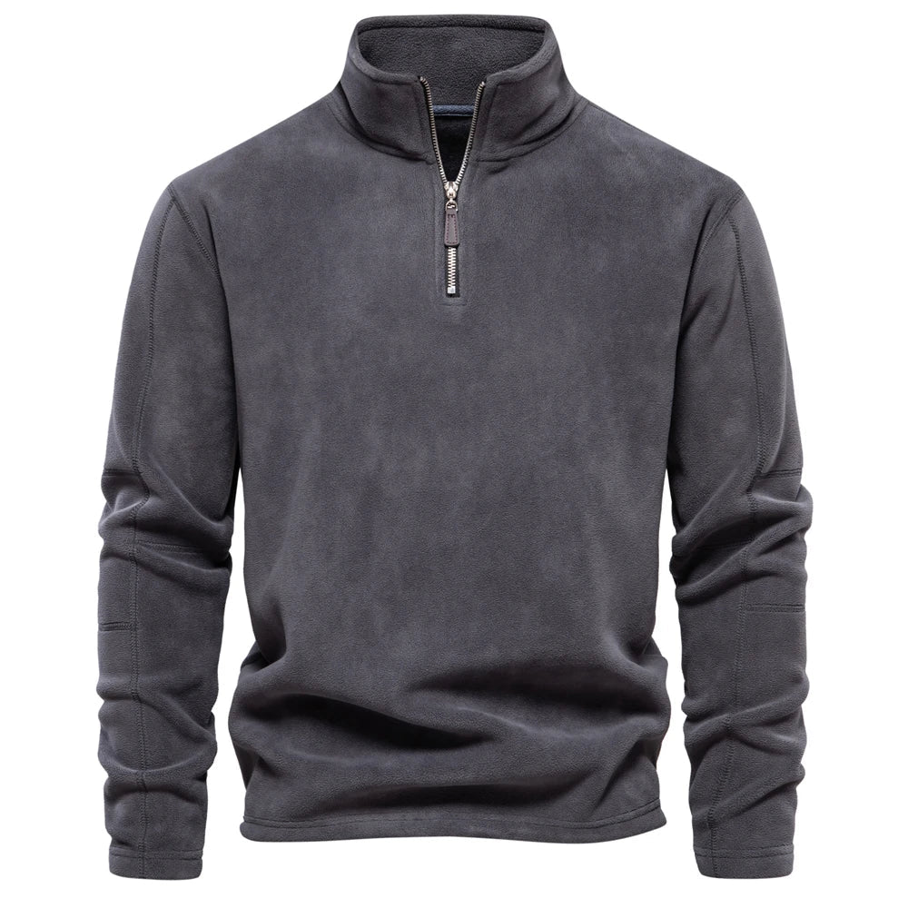 Men's quarter-zip windbreaker jacket, dark gray fleece with stand collar and front zipper