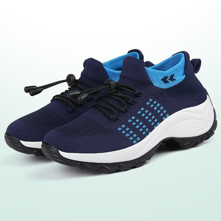 Navy lace-up walking sneakers with blue knit panels, white midsole, grippy sole