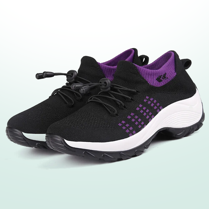 Black and purple lace-up walking sneakers with white midsole, padded collar