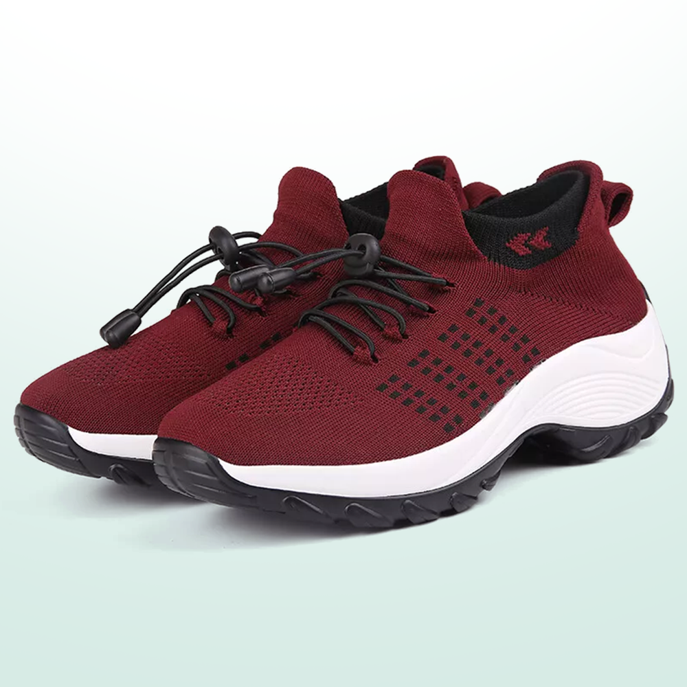 Burgundy unisex walking sneakers, side view, breathable knit upper and cushioned sole