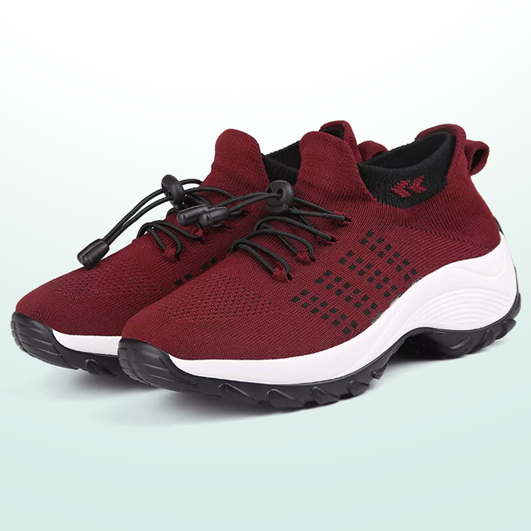 Burgundy unisex walking sneakers, side view, breathable knit upper and cushioned sole