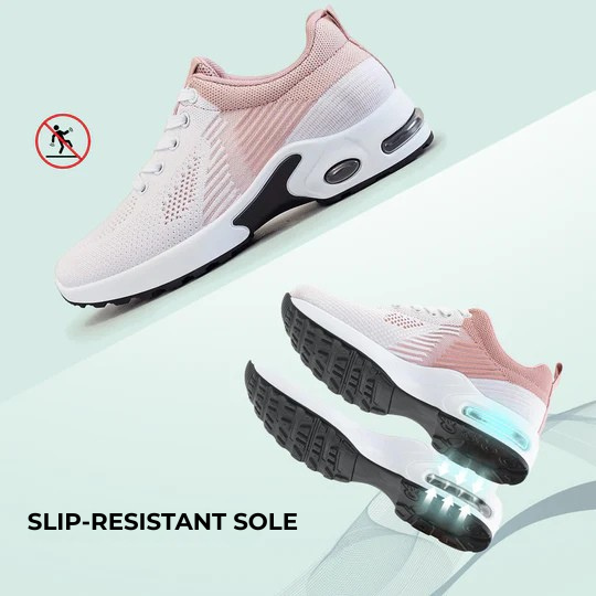 Light pink lightweight walking sneakers with white laces and black tread, heel gel window