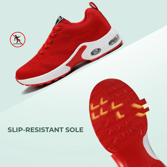 Red lace-up walking sneakers with slip-resistant tread outsole