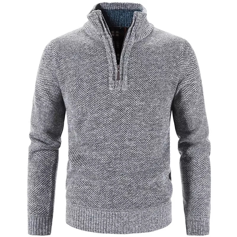 Light gray knit half-zip sweater with ribbed collar, cuffs, and hem.