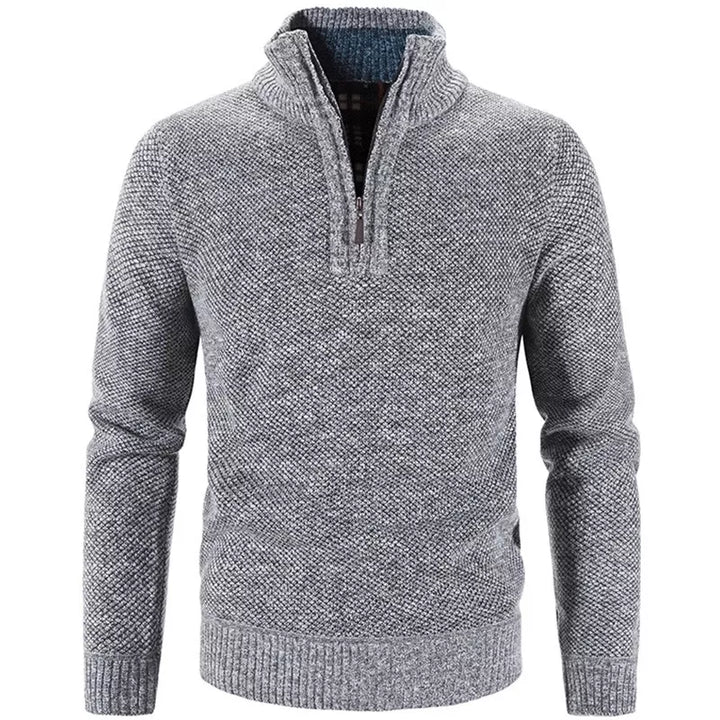 Light gray knit half-zip sweater with ribbed collar, cuffs, and hem.