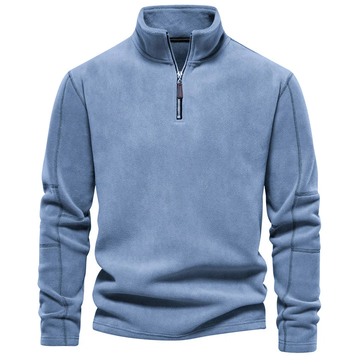 Men's quarter-zip windbreaker jacket, blue fleece with stand collar and front zipper