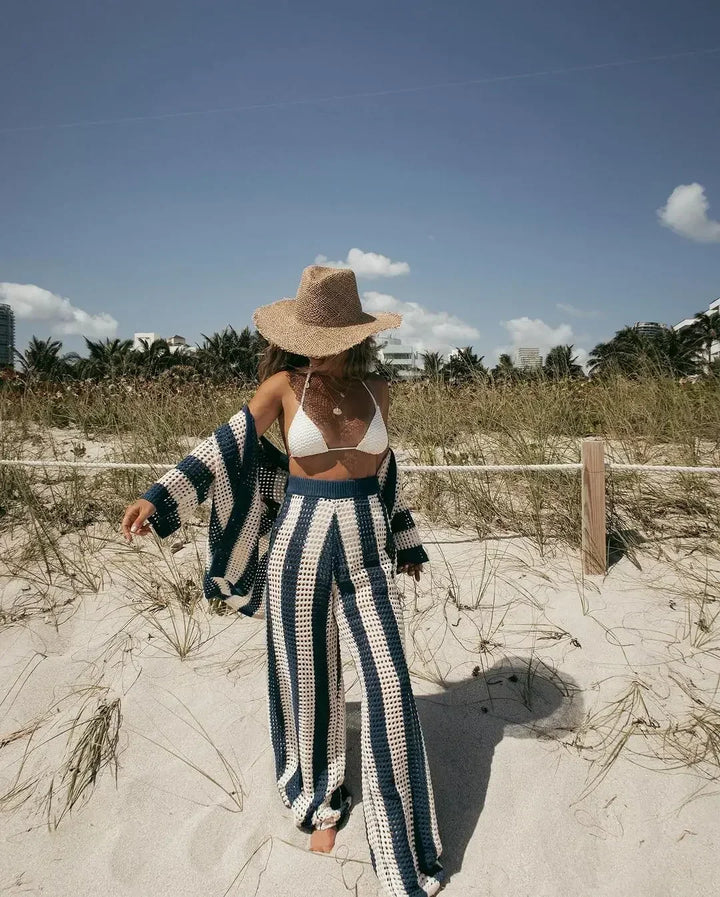 Textured stripe two-piece set in dark blue and white with open-front top and wide-leg pants