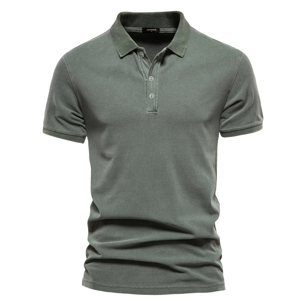 Men's green polo shirt with button placket and short sleeves