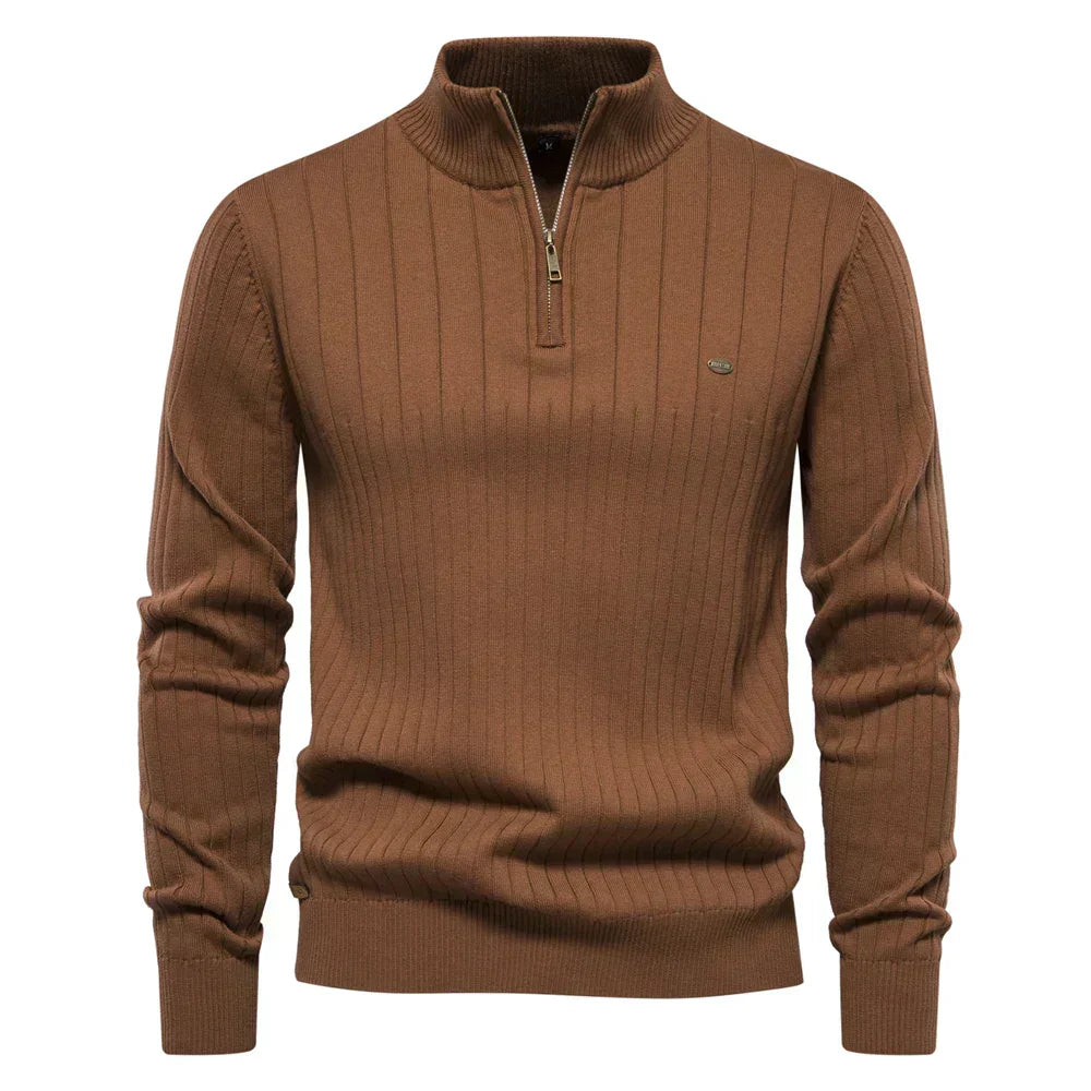 Brown ribbed knit zip sweater with mock neck and long sleeves