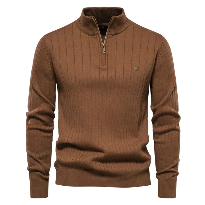 Brown ribbed knit zip sweater with mock neck and long sleeves