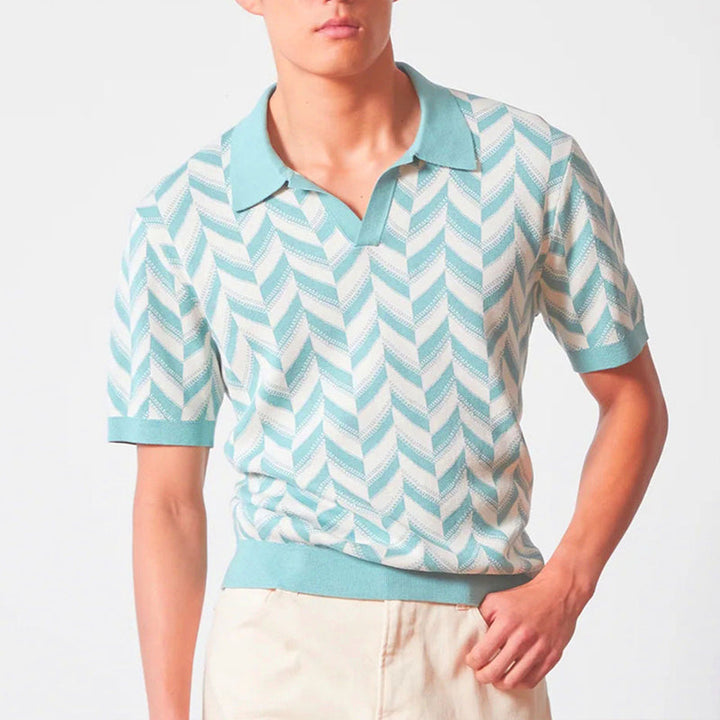 Light blue chevron V-neck polo shirt with ribbed hem and cuffs