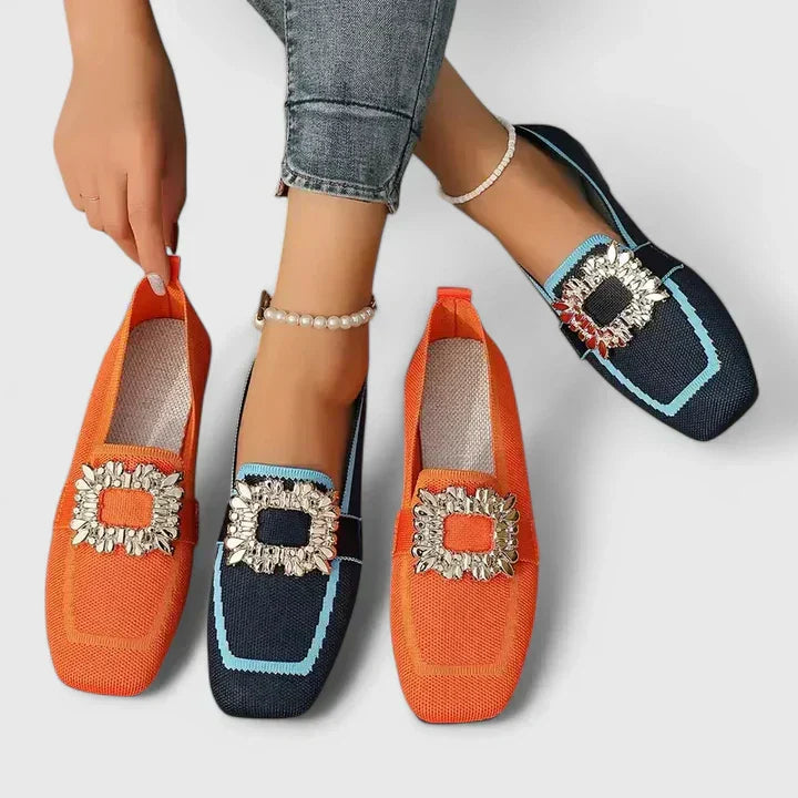Set of square-toe jewel flats: orange and navy pairs with gold buckles