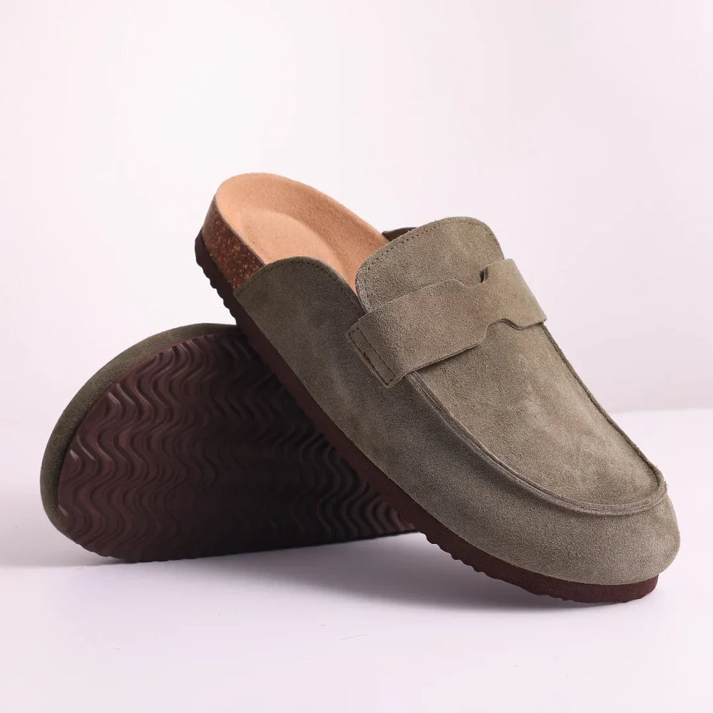 Sage suede penny mule with strap, moccasin toe, rubber sole