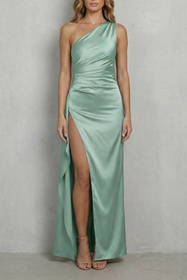 Mint green one-shoulder satin gown with draped bodice and thigh-high slit