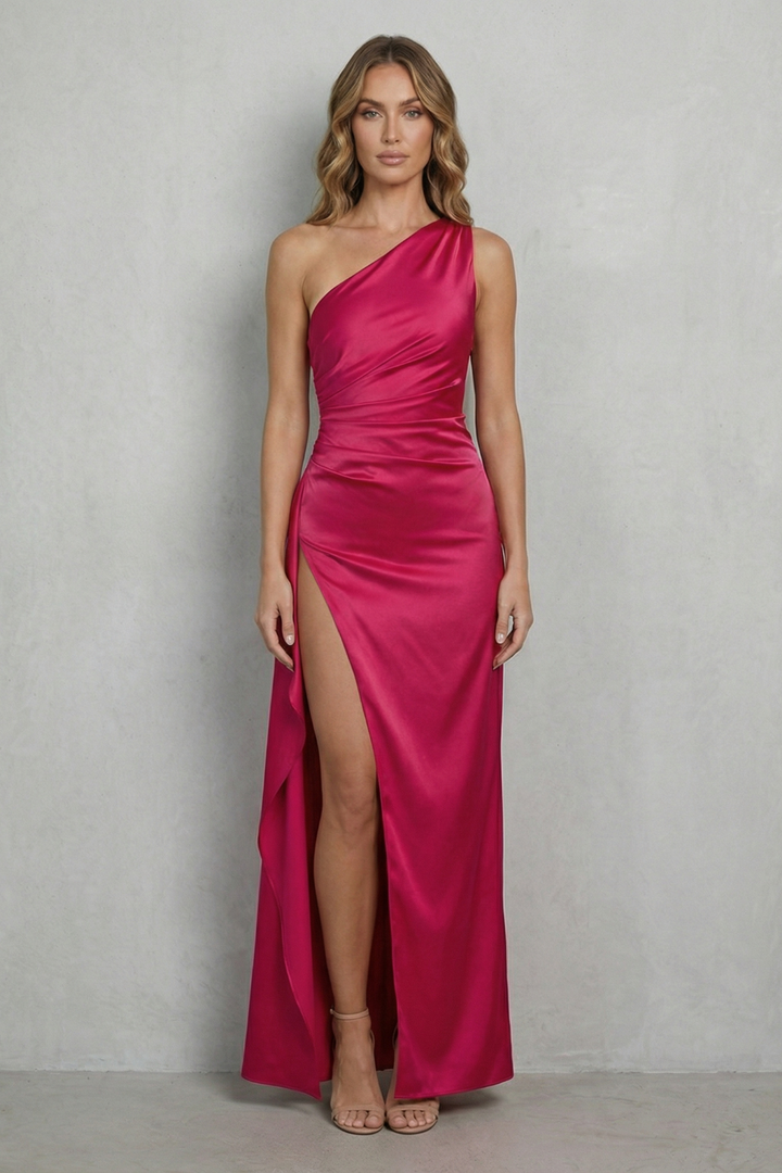 Hot pink one-shoulder satin gown with ruched bodice and thigh-high side slit